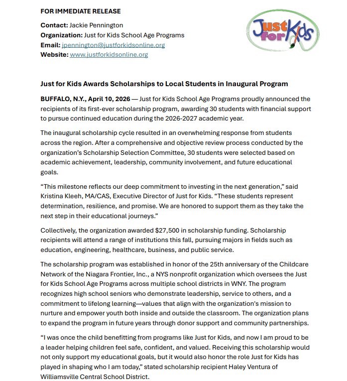 Just for Kids Awards Scholarships to Local Students in Inaugural Program
